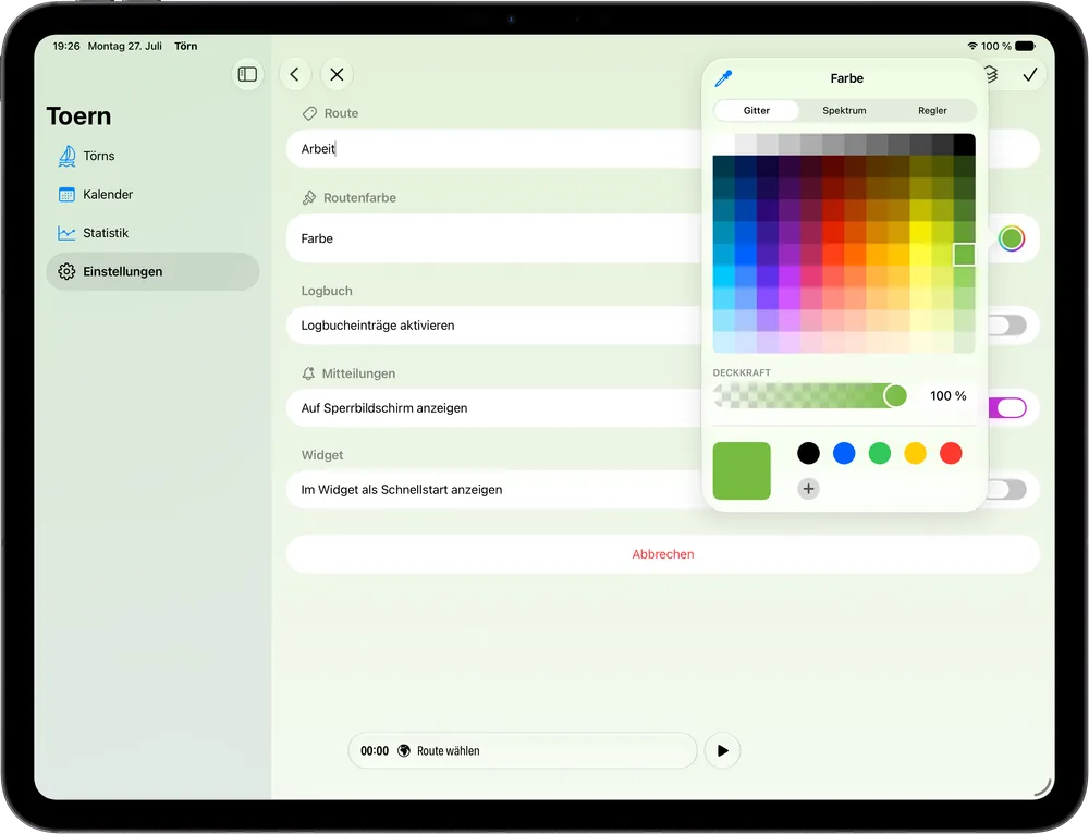 Auf einem iPad wird eine Route angelegt: Name „Arbeit“, daneben ein geöffneter Farbwähler, darunter Schalter für Logbuch, Anzeige auf dem Sperrbildschirm und Schnellstart im Widget