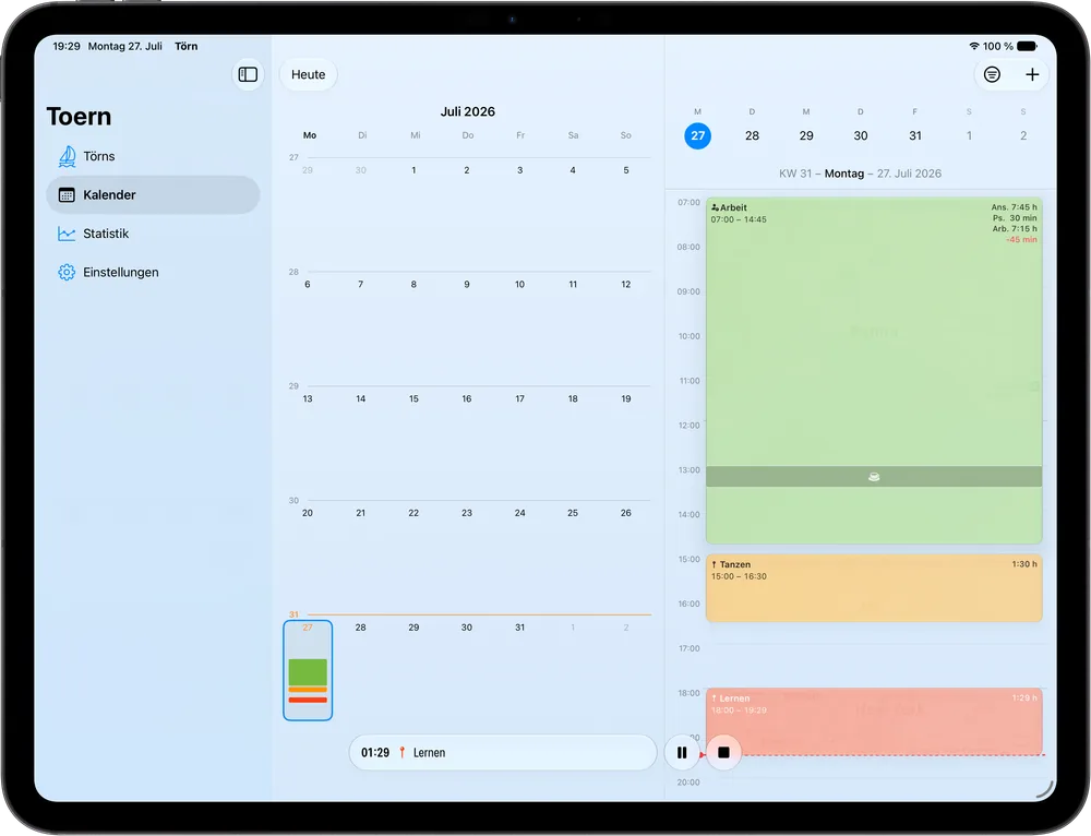 Dieselbe Kalenderansicht auf einem iPad: der Tag als Zeitstrahl über die volle Breite, links die Seitenleiste