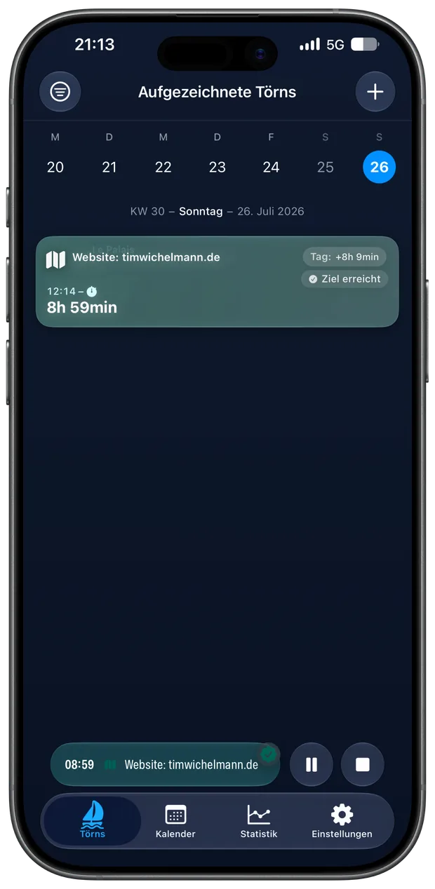 Törn auf einem iPhone: Wochenleiste mit ausgewähltem Sonntag, darunter ein laufender Törn „Website: timwichelmann.de“ mit 8 Stunden 59 Minuten und der Markierung „Ziel erreicht“
